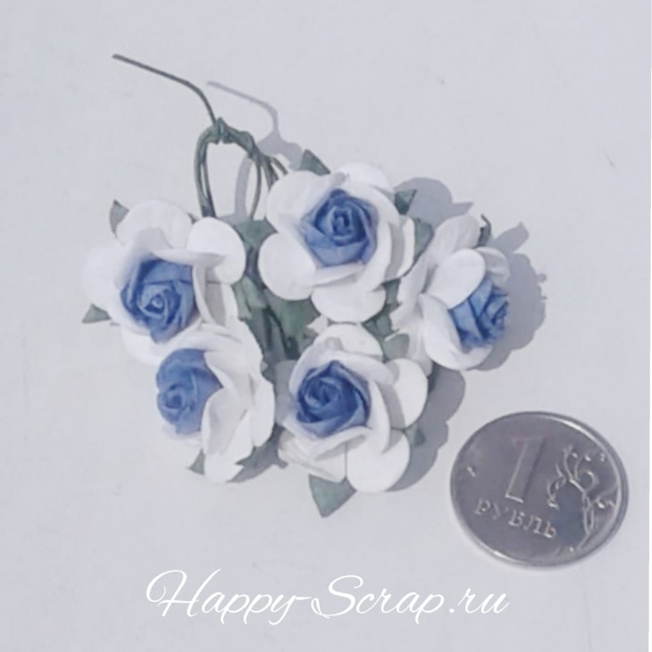 Розы 2 см, бело-синие (5 шт)